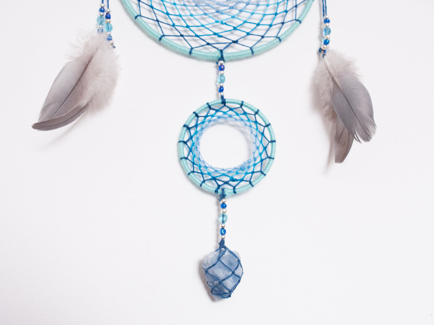 6" Baby Blue Celestite Crystal Double Dreamcatcher Wall Hanging