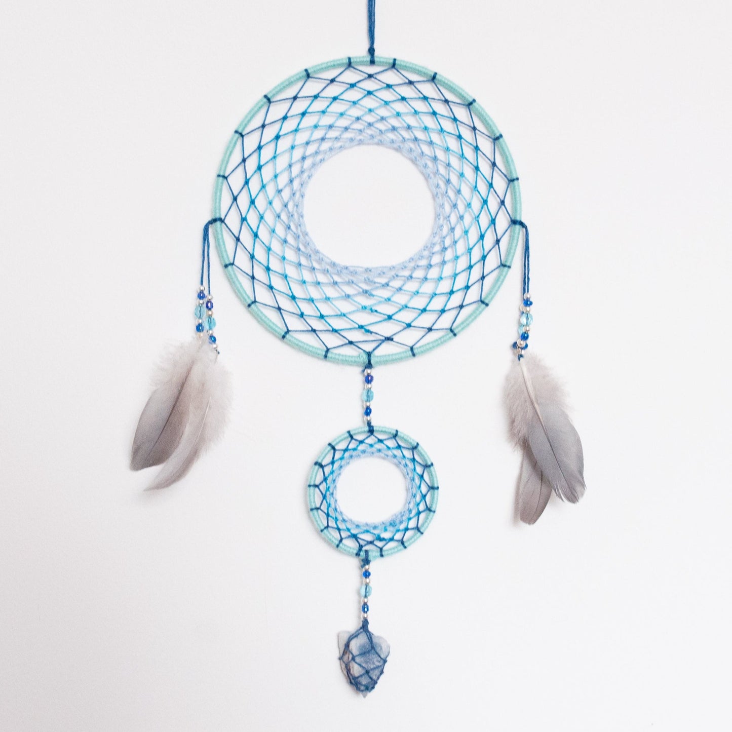 6" Baby Blue Celestite Crystal Double Dreamcatcher Wall Hanging