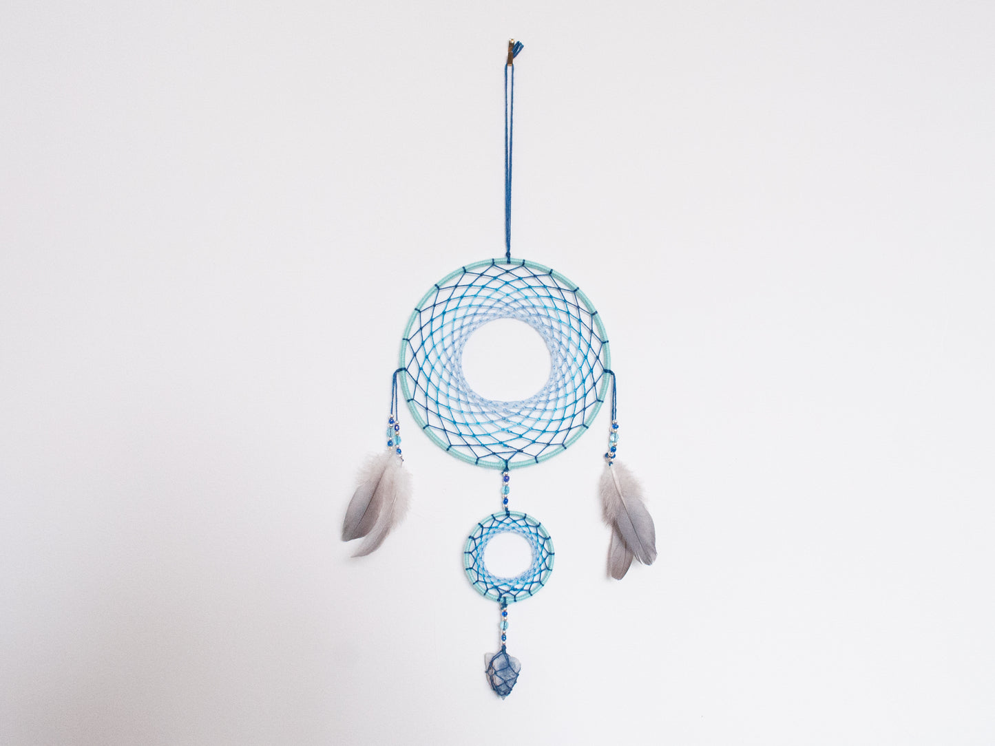 6" Baby Blue Celestite Crystal Double Dreamcatcher Wall Hanging