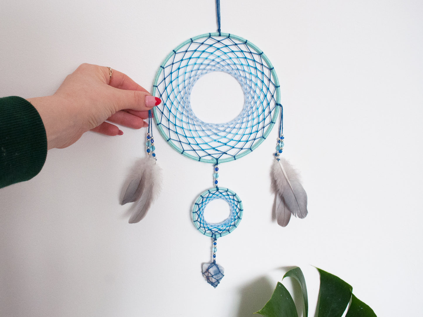 6" Baby Blue Celestite Crystal Double Dreamcatcher Wall Hanging