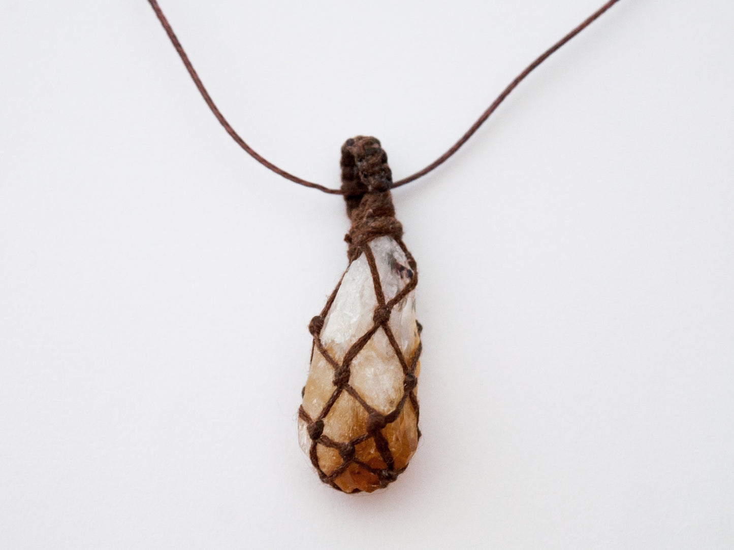 Citrine Point Crystal Pendant / Macrame Wrap Chord Necklace / Knotted in Brown Cotton on Adjustable Length Chord