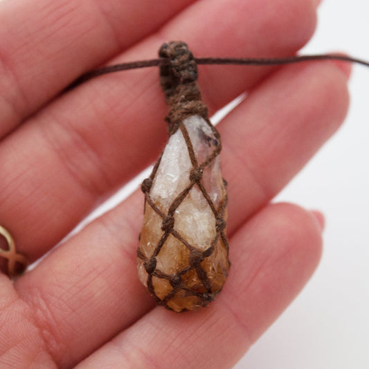 Citrine Point Crystal Pendant / Macrame Wrap Chord Necklace / Knotted in Brown Cotton on Adjustable Length Chord