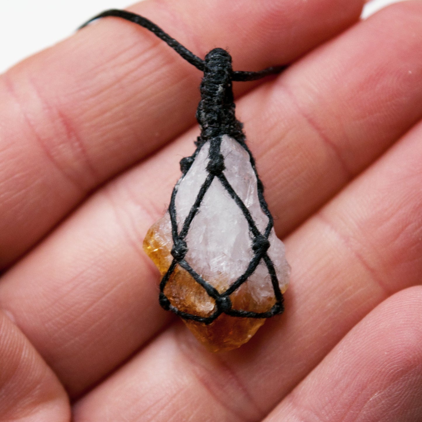 Citrine Point Crystal Pendant / Macrame Wrap Chord Necklace / Knotted in Black Cotton on Adjustable Length Chord