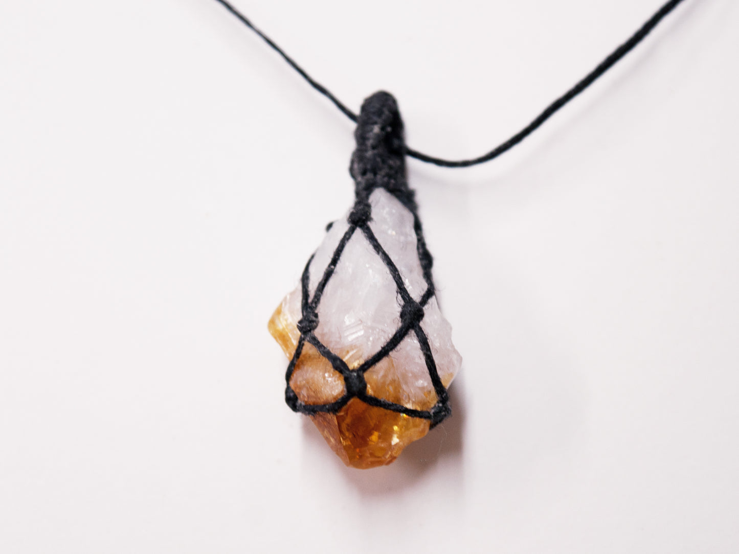 Citrine Point Crystal Pendant / Macrame Wrap Chord Necklace / Knotted in Black Cotton on Adjustable Length Chord