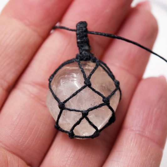 Clear Quartz Macrame Wrap Chord Necklace / Knotted in Black Cotton on Adjustable Length Chord