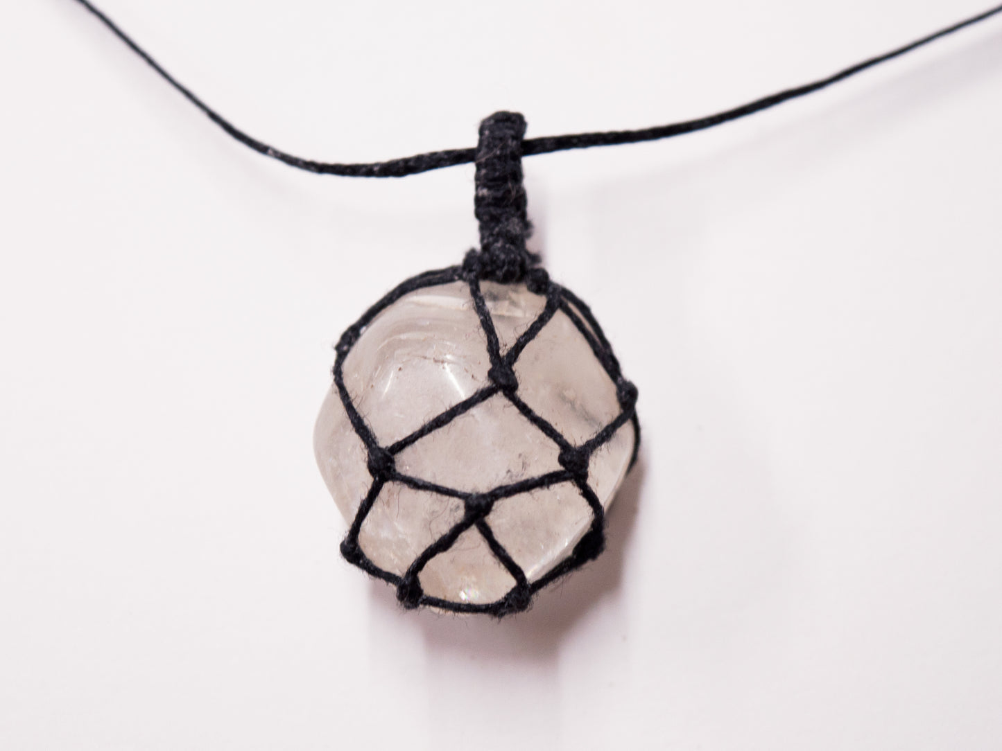 Clear Quartz Macrame Wrap Chord Necklace / Knotted in Black Cotton on Adjustable Length Chord