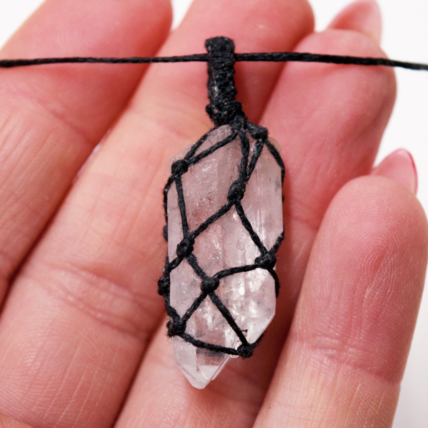 Clear Quartz Druzy Pendant / Crystal Macrame Wrap Chord Necklace / Knotted in Black Cotton on Adjustable Length Chord