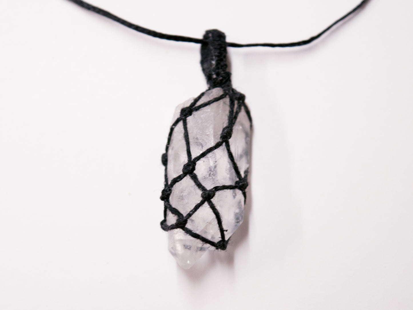 Clear Quartz Druzy Pendant / Crystal Macrame Wrap Chord Necklace / Knotted in Black Cotton on Adjustable Length Chord