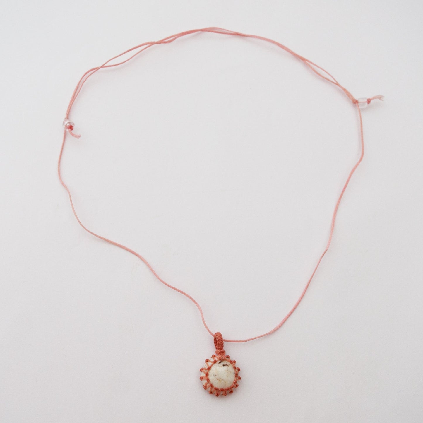 Howlite Crystal Pendant Macrame Wrap Necklace / Knotted in Pink Cotton on Adjustable Length Chord