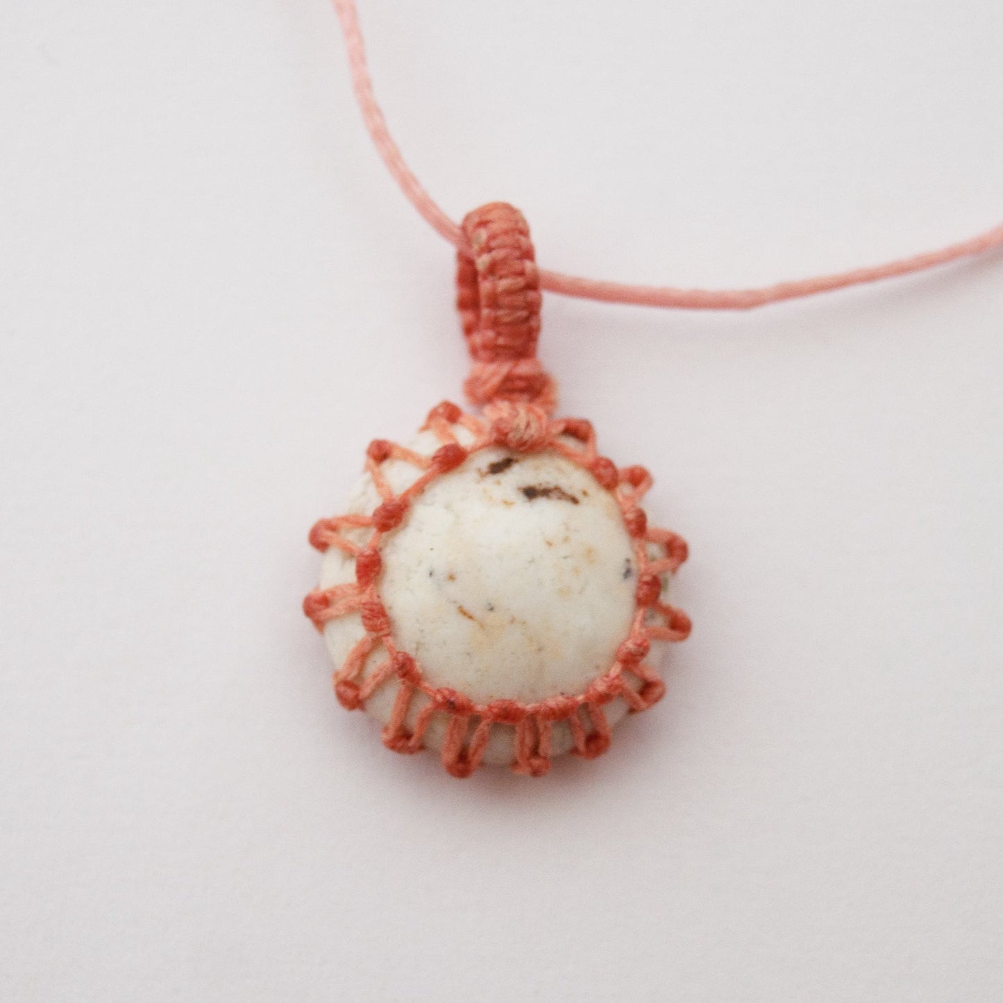 Howlite Crystal Pendant Macrame Wrap Necklace / Knotted in Pink Cotton on Adjustable Length Chord