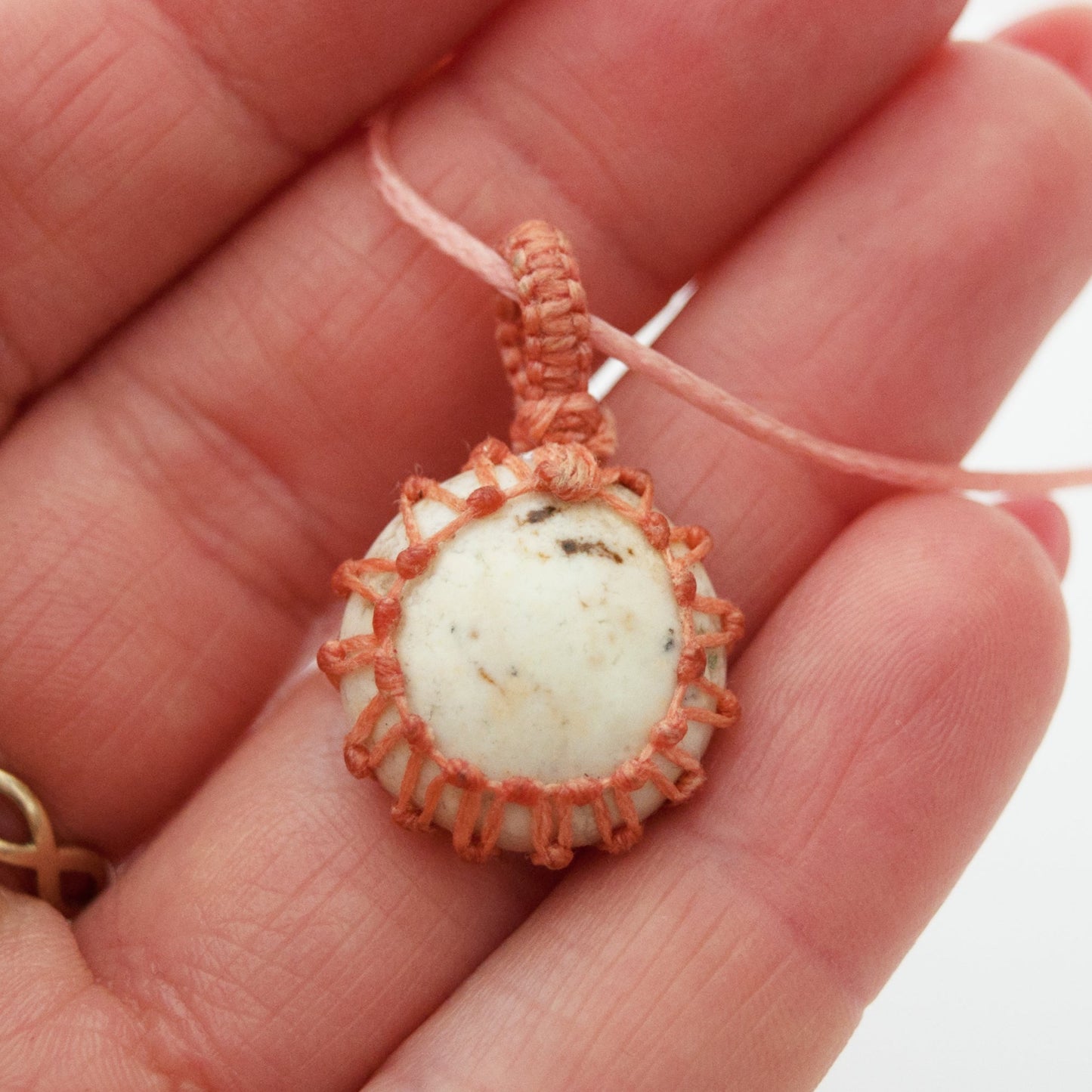 Howlite Crystal Pendant Macrame Wrap Necklace / Knotted in Pink Cotton on Adjustable Length Chord