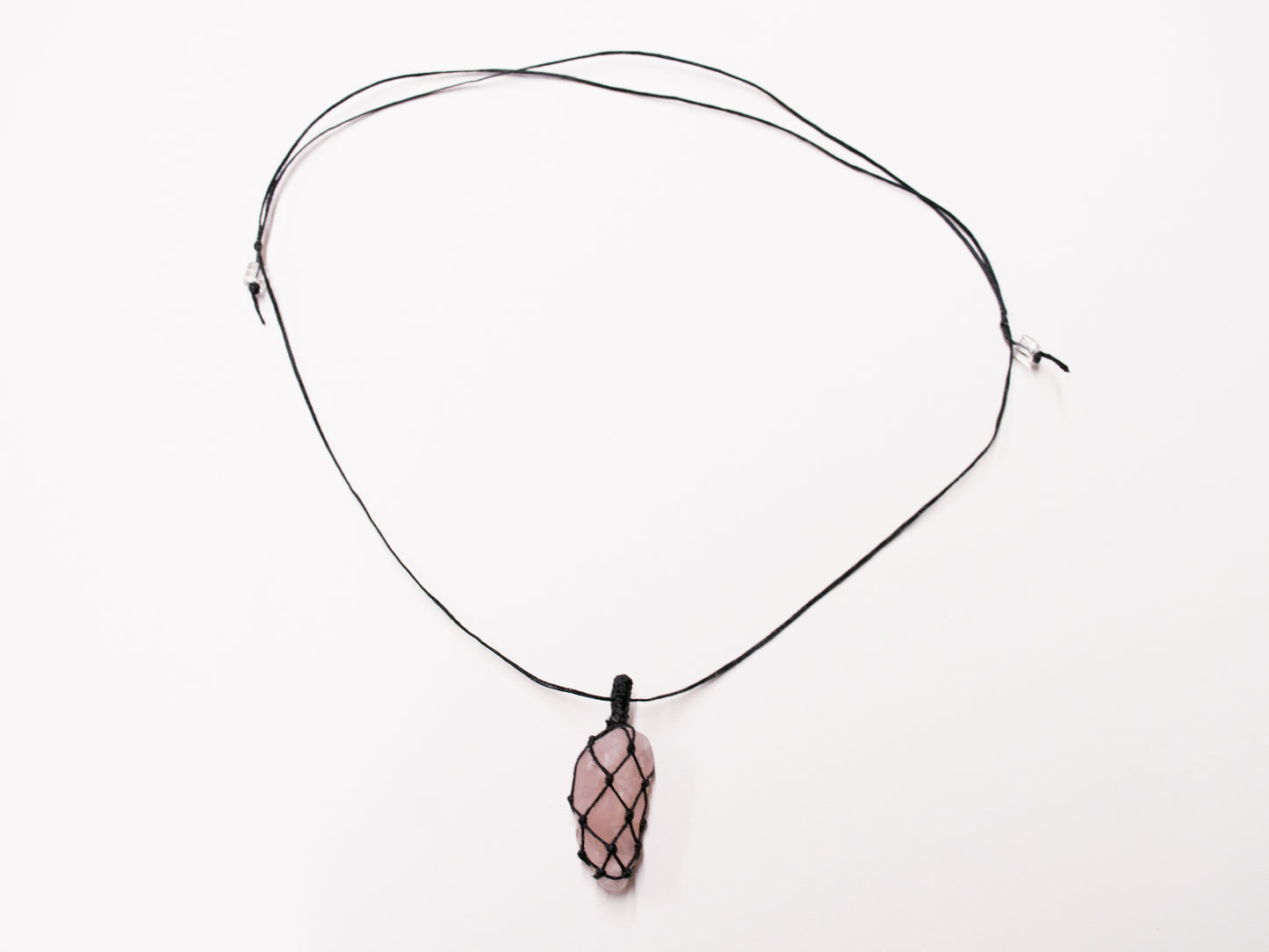 Rose Quartz Crystal Macrame Wrap Chord Necklace / Knotted in Black Cotton on Adjustable Length Chord