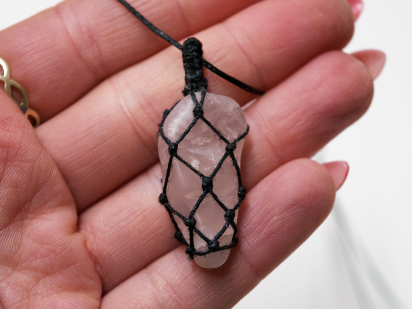 Rose Quartz Crystal Macrame Wrap Chord Necklace / Knotted in Black Cotton on Adjustable Length Chord