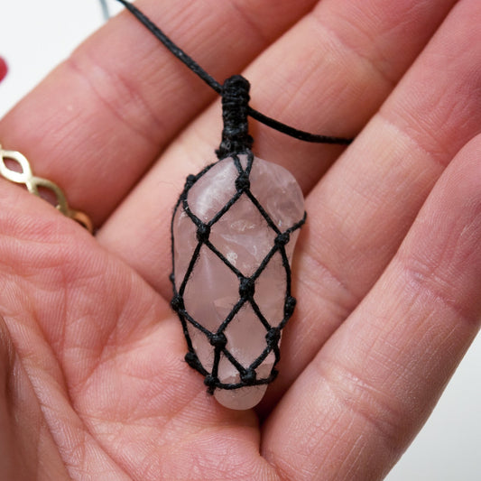 Rose Quartz Crystal Macrame Wrap Chord Necklace / Knotted in Black Cotton on Adjustable Length Chord