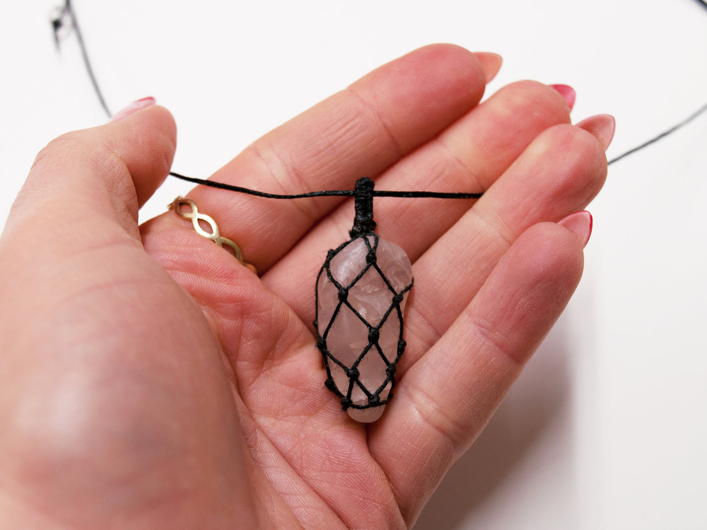 Rose Quartz Crystal Macrame Wrap Chord Necklace / Knotted in Black Cotton on Adjustable Length Chord