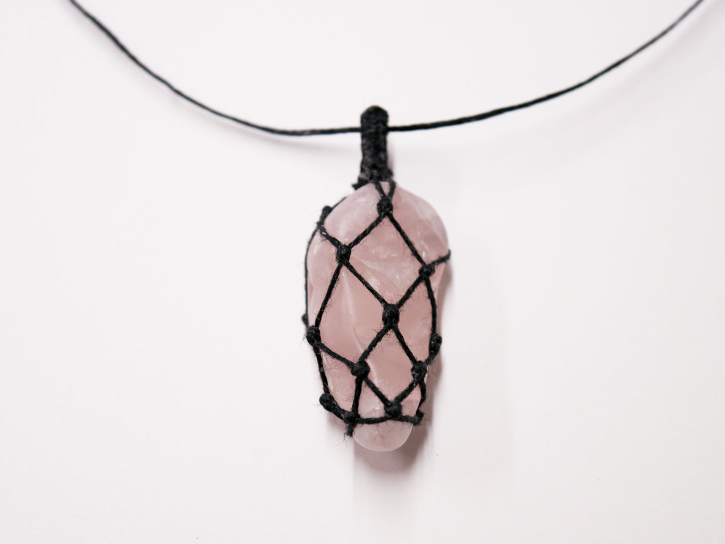 Rose Quartz Crystal Macrame Wrap Chord Necklace / Knotted in Black Cotton on Adjustable Length Chord