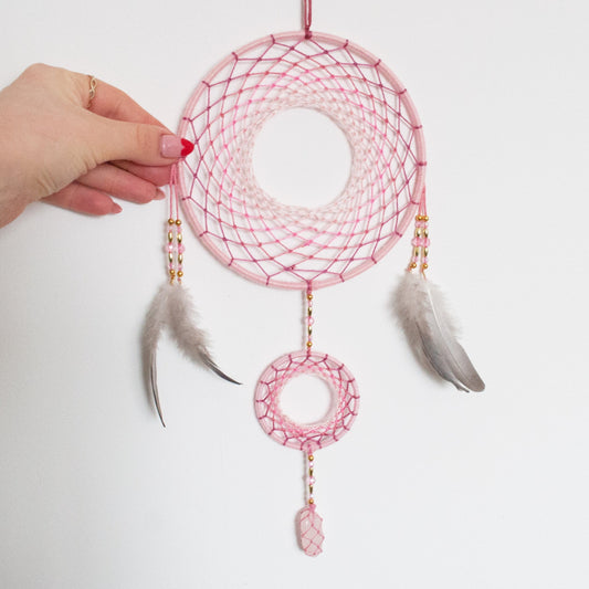 6" Baby Pink Rose Quartz Crystal Double Dreamcatcher Wall Hanging