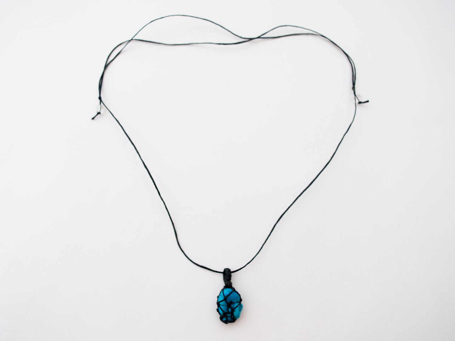 Turquoise Crystal Pendant / Macrame Wrap Chord Necklace / Knotted in Black Cotton on Adjustable Length Chord