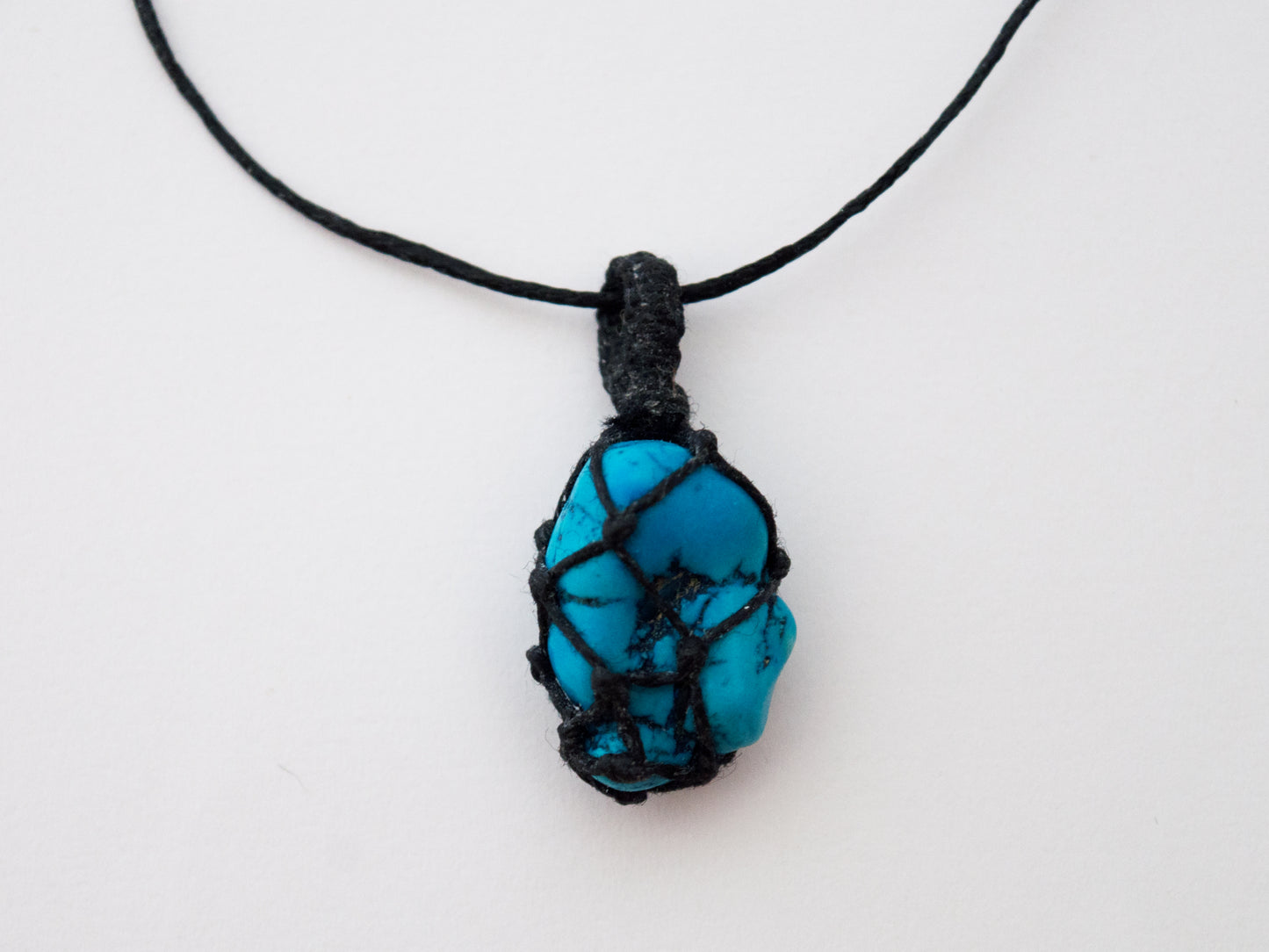 Turquoise Crystal Pendant / Macrame Wrap Chord Necklace / Knotted in Black Cotton on Adjustable Length Chord