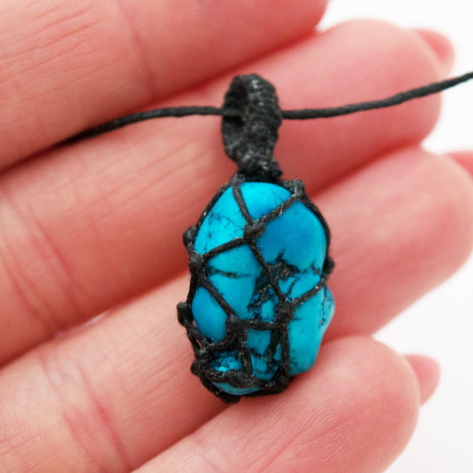 Turquoise Crystal Pendant / Macrame Wrap Chord Necklace / Knotted in Black Cotton on Adjustable Length Chord