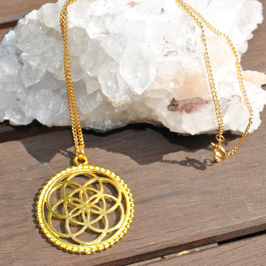 Large Seed of Life Pendant Necklace in Gold on 16" Chain