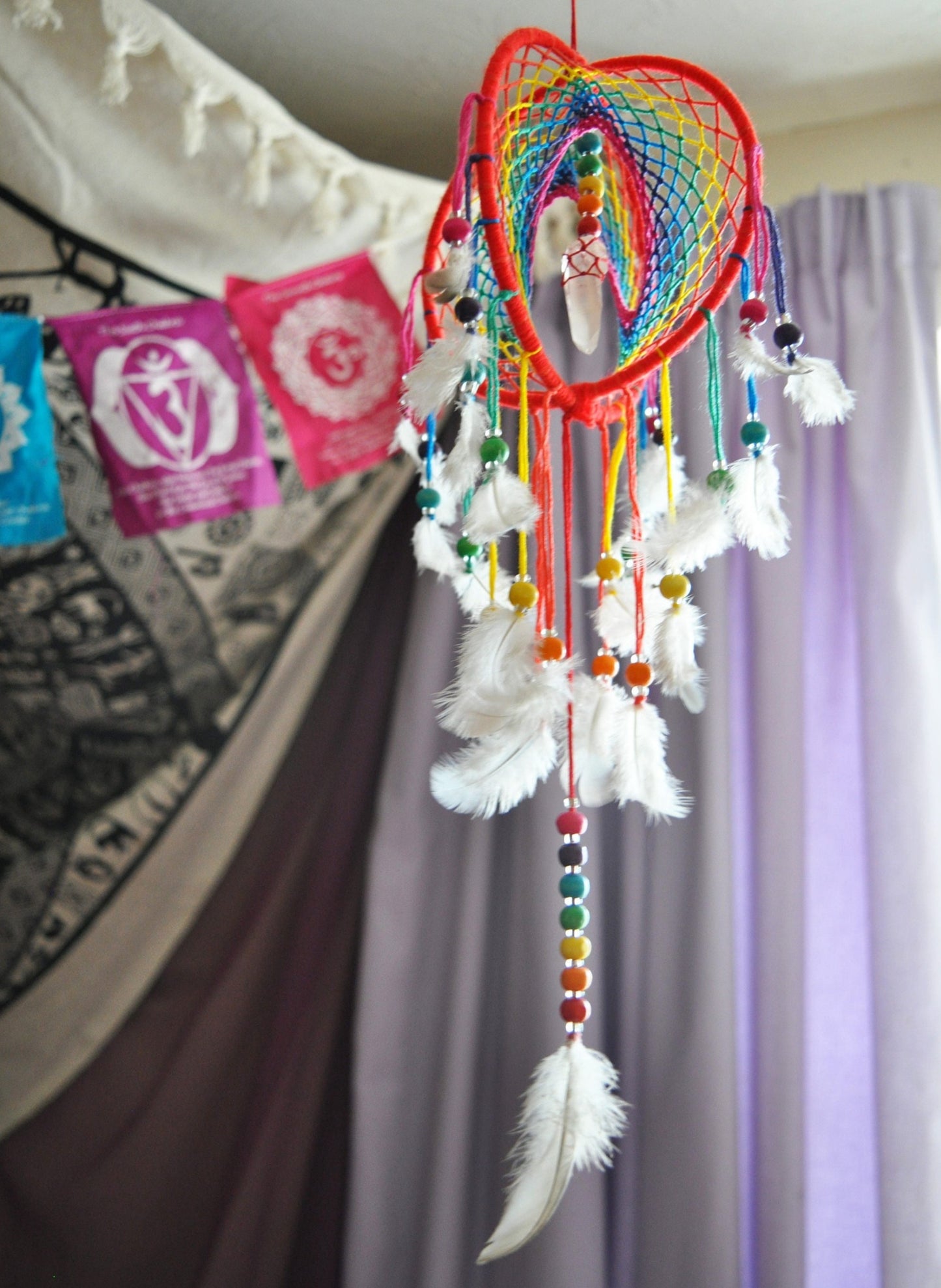 6" Rainbow Dreamcatcher Mobile with Clear Quartz Crystal Point - Channeling Light & Sweet Dreams