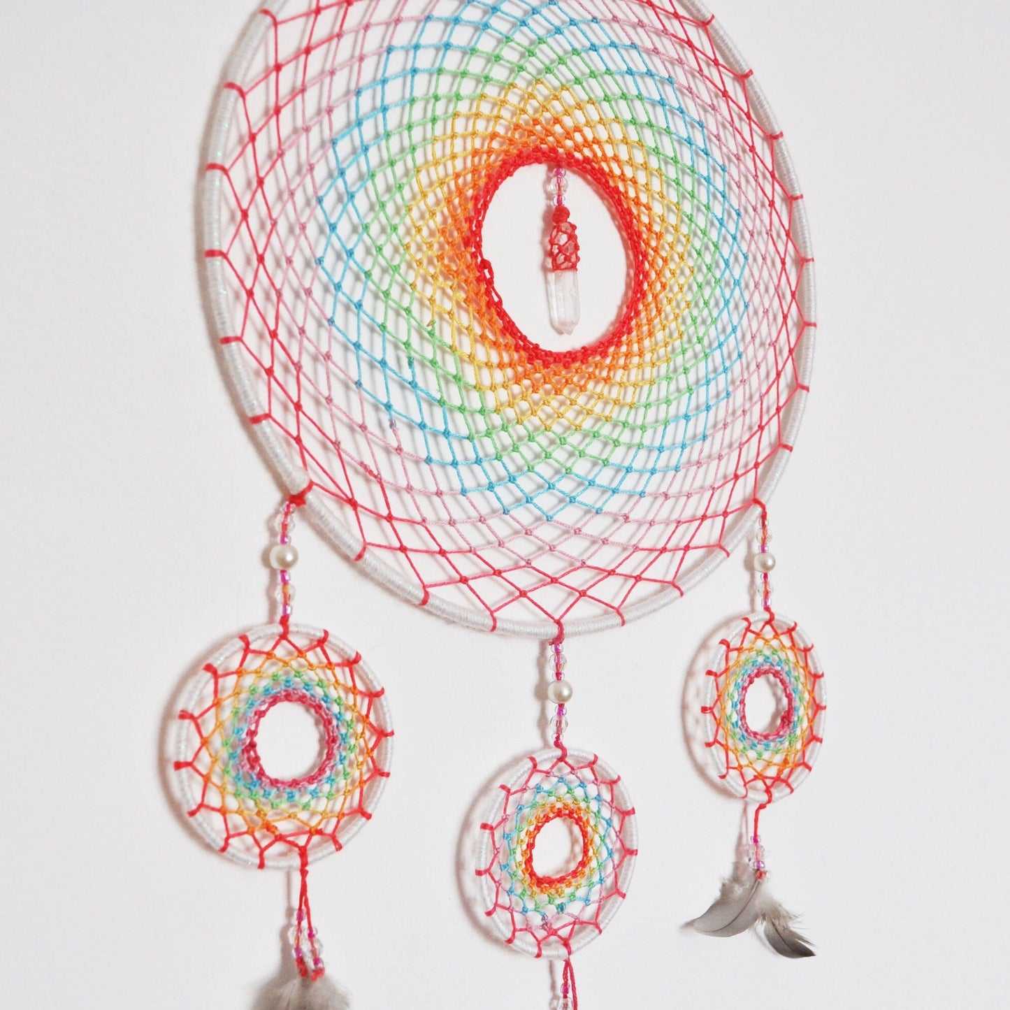 9" Pastel Rainbow Dreamcatcher with Clear Quartz Crystal