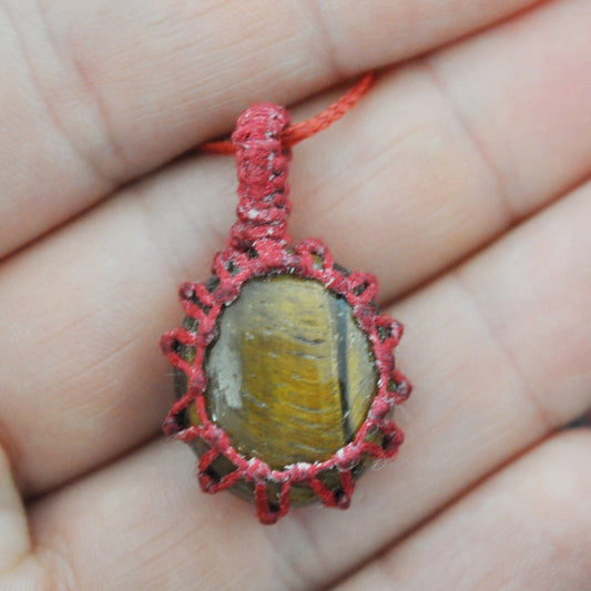 Tigers Eye Macrame Wrap Chord Necklace / Knotted in Red Cotton on Adjustable Length Chord