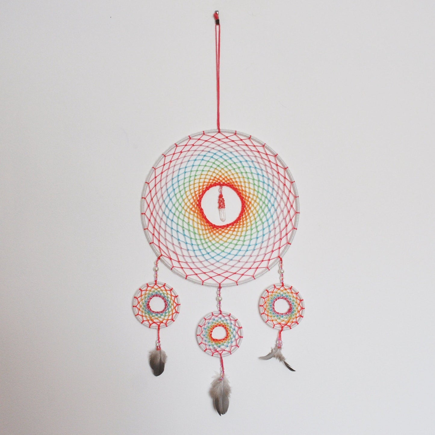 9" Pastel Rainbow Dreamcatcher with Clear Quartz Crystal