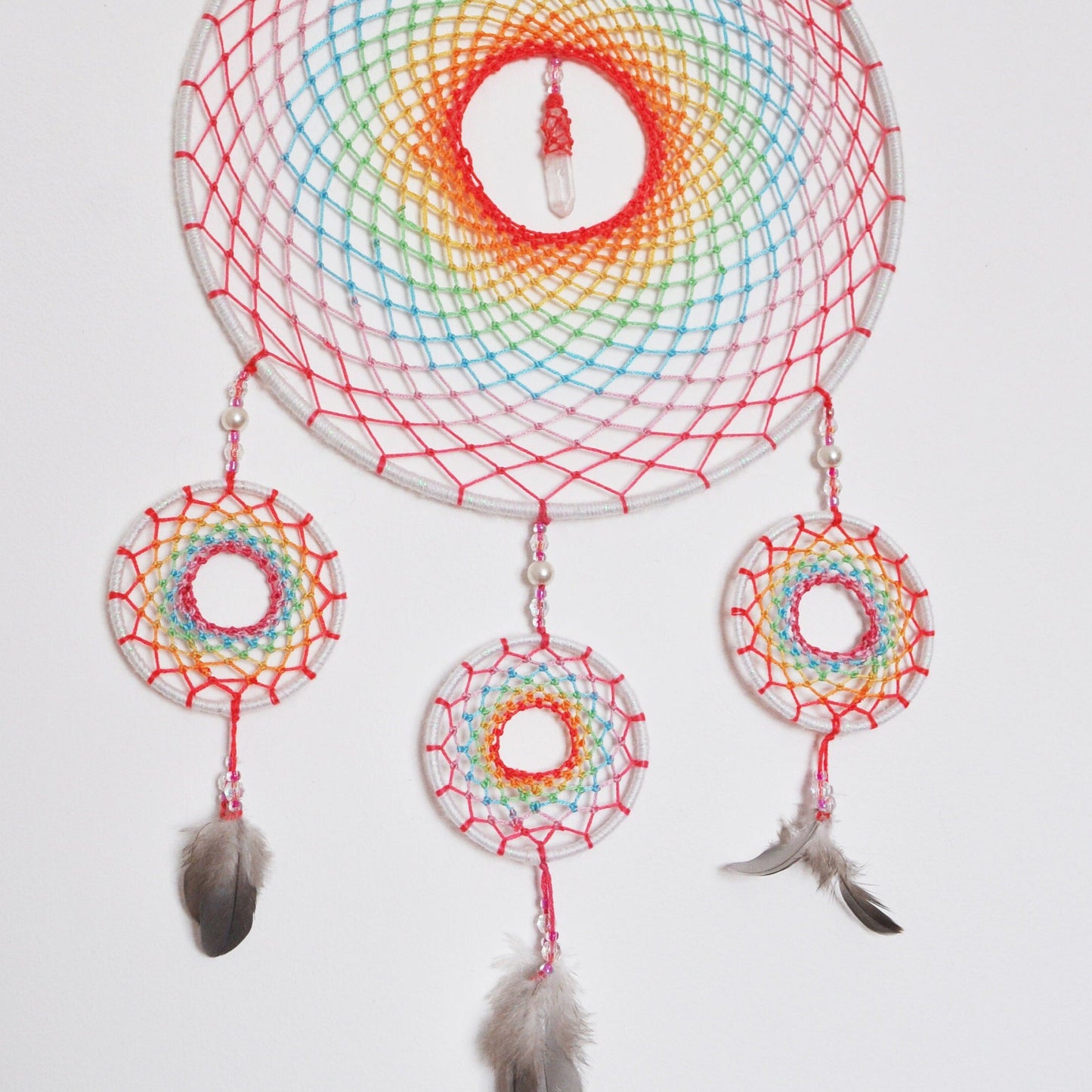 9" Pastel Rainbow Dreamcatcher with Clear Quartz Crystal