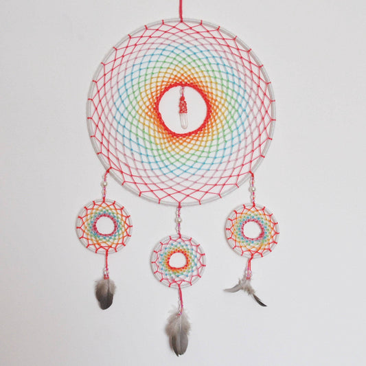 9" Pastel Rainbow Dreamcatcher with Clear Quartz Crystal