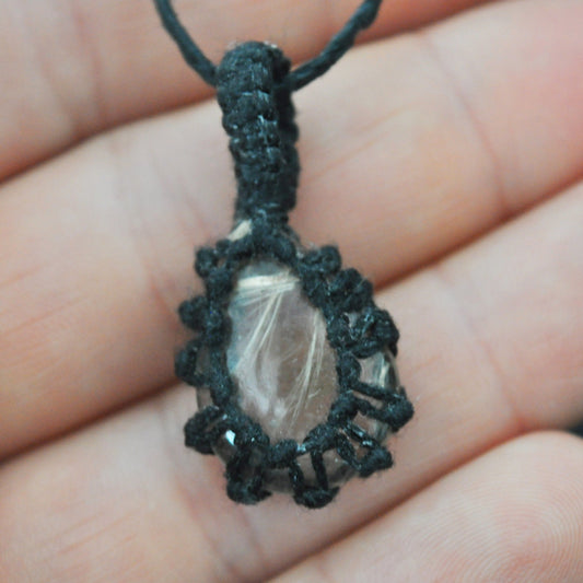 Rutilated Quartz Macrame Wrap Chord Necklace / Knotted in Black Cotton on Adjustable Length Chord