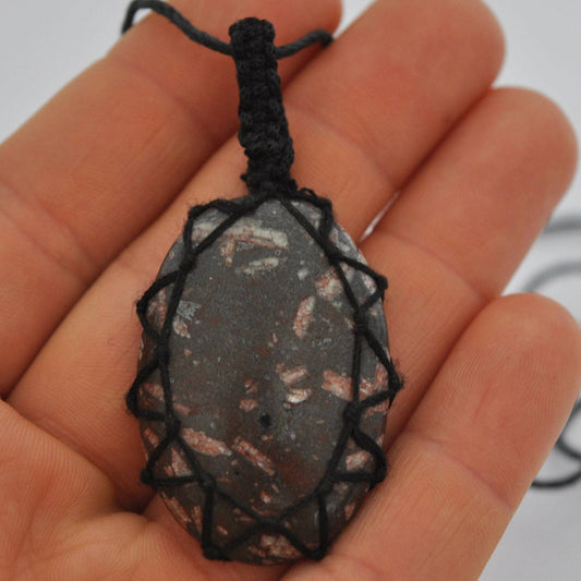 Brecciated Jasper Macrame Wrap Chord Necklace / Knotted in Black Cotton on Adjustable Length Chord