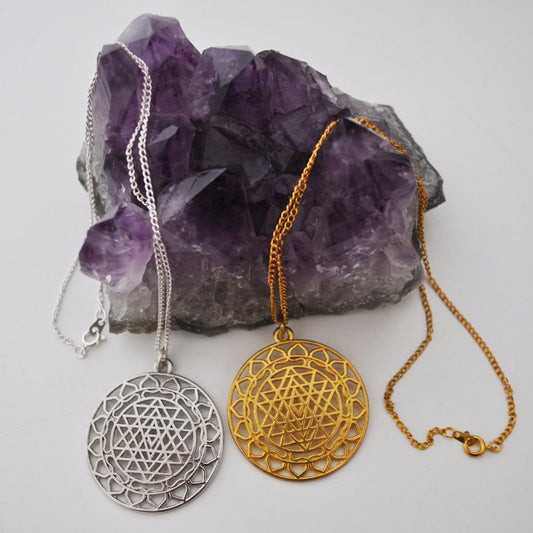 Large Sri Yantra Pendant Necklace in Silver or Gold / Sacred Geometry, Mother of All Yantras