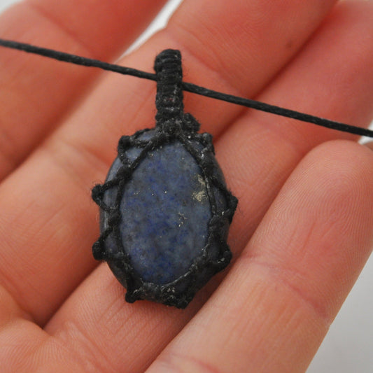 Lapis Lazuli Macramé Wrap Chord Necklace / Knotted in Black Cotton on Adjustable Length Chord