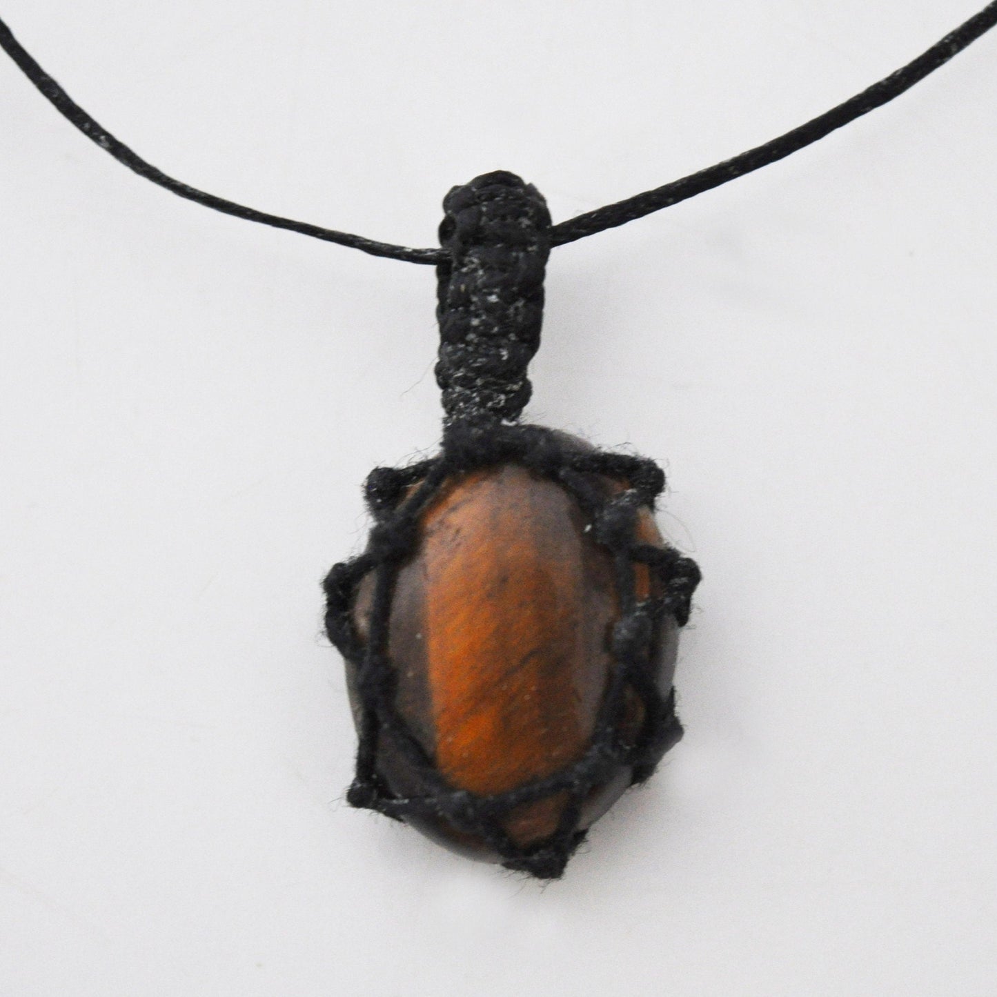 Tigers Eye Crystal Pendant Macrame Wrap Necklace / Knotted in Black Cotton on Adjustable Length Chord