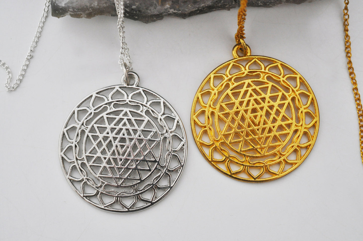 Large Sri Yantra Pendant Necklace in Silver or Gold / Sacred Geometry, Mother of All Yantras