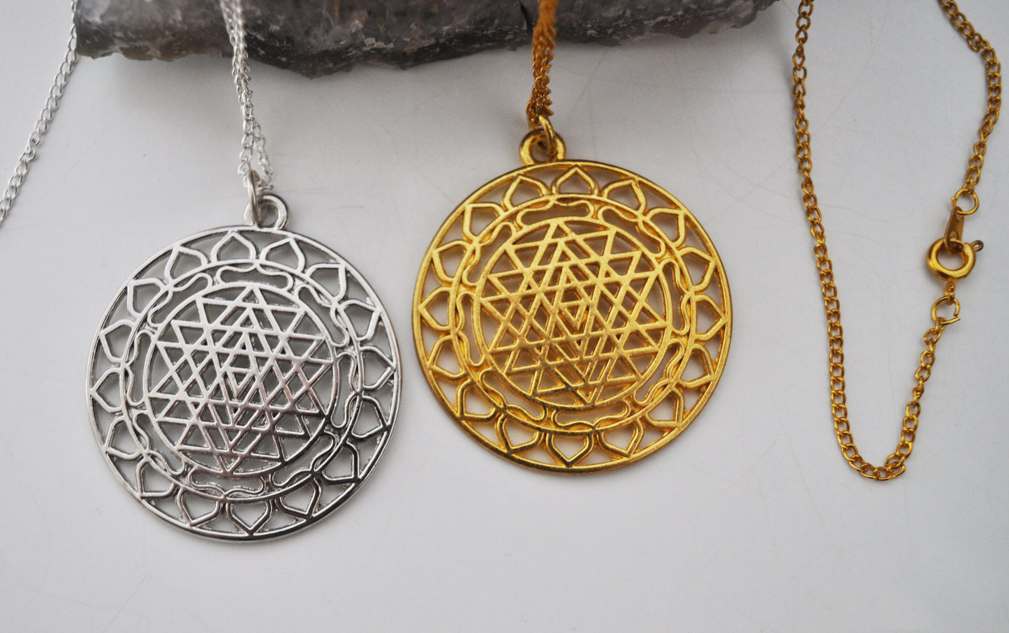 Large Sri Yantra Pendant Necklace in Silver or Gold / Sacred Geometry, Mother of All Yantras