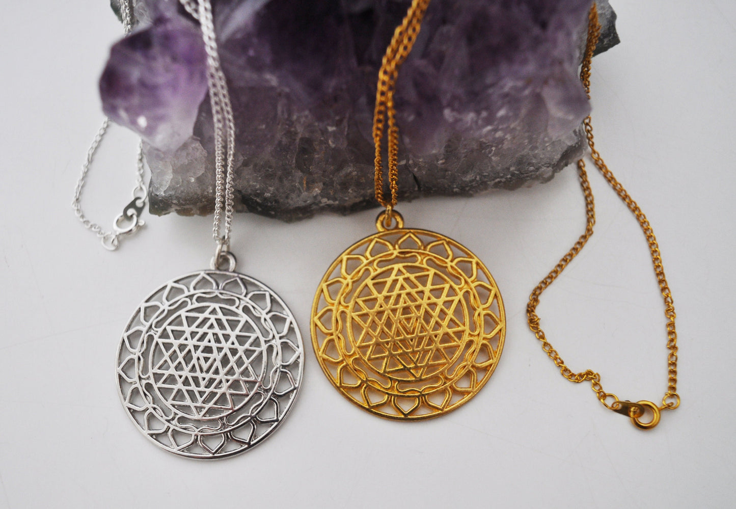 Large Sri Yantra Pendant Necklace in Silver or Gold / Sacred Geometry, Mother of All Yantras