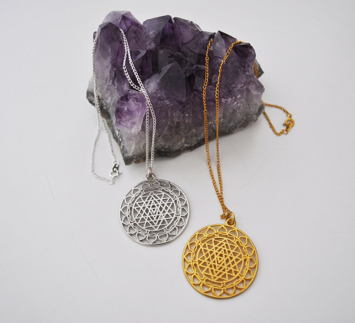 Large Sri Yantra Pendant Necklace in Silver or Gold / Sacred Geometry, Mother of All Yantras