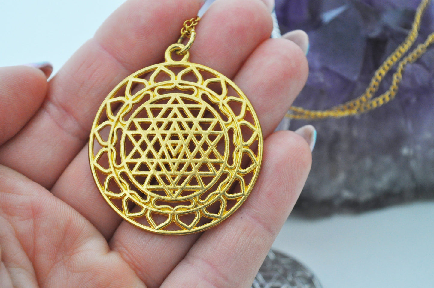 Large Sri Yantra Pendant Necklace in Silver or Gold / Sacred Geometry, Mother of All Yantras