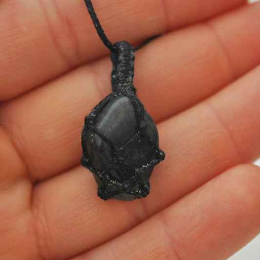 Labradorite Macrame Wrap Chord Necklace / Knotted in Black Cotton on Adjustable Length Chord