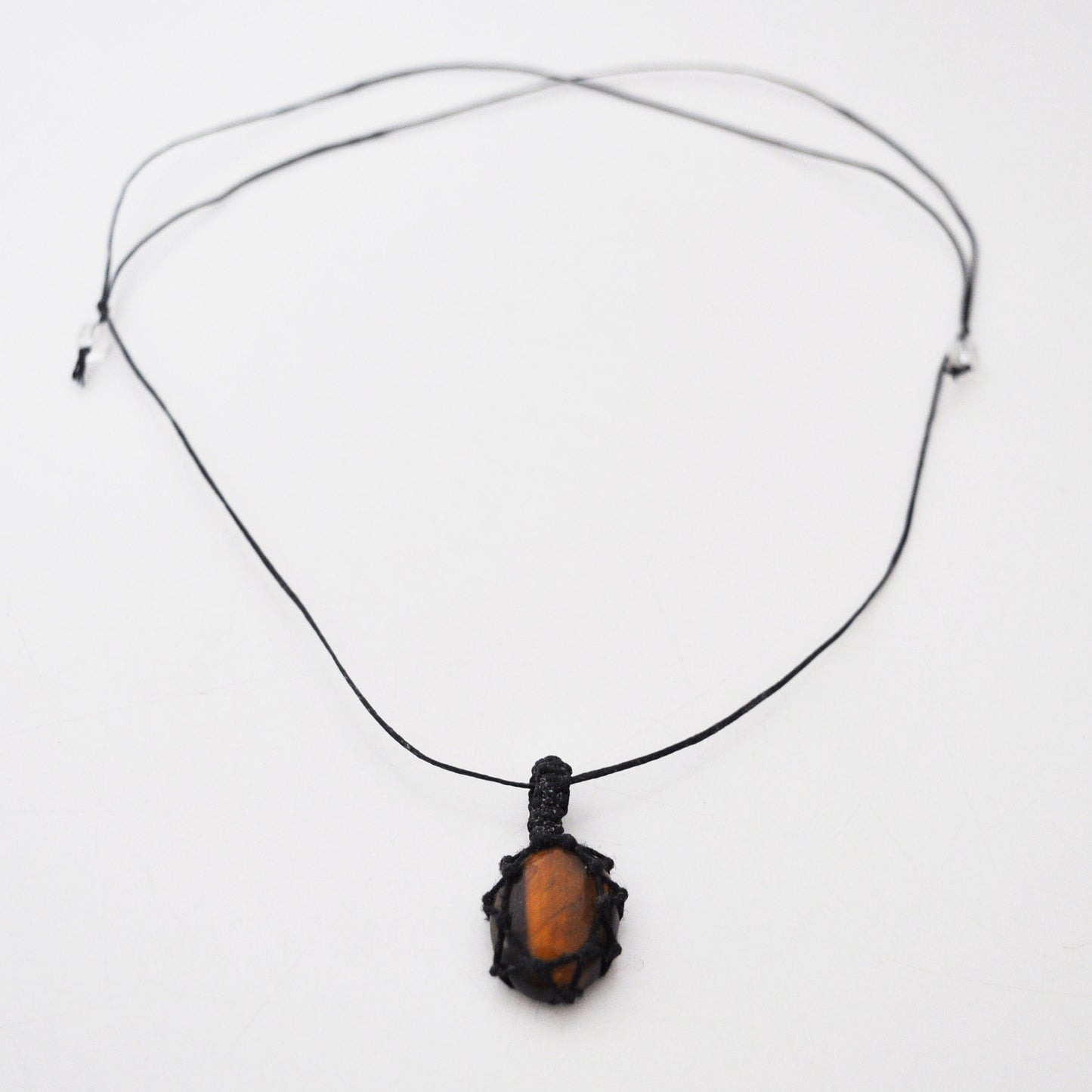 Tigers Eye Crystal Pendant Macrame Wrap Necklace / Knotted in Black Cotton on Adjustable Length Chord