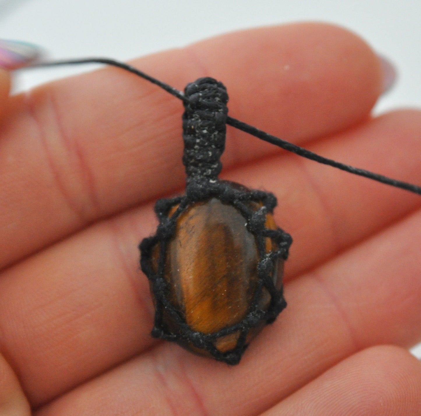 Tigers Eye Crystal Pendant Macrame Wrap Necklace / Knotted in Black Cotton on Adjustable Length Chord