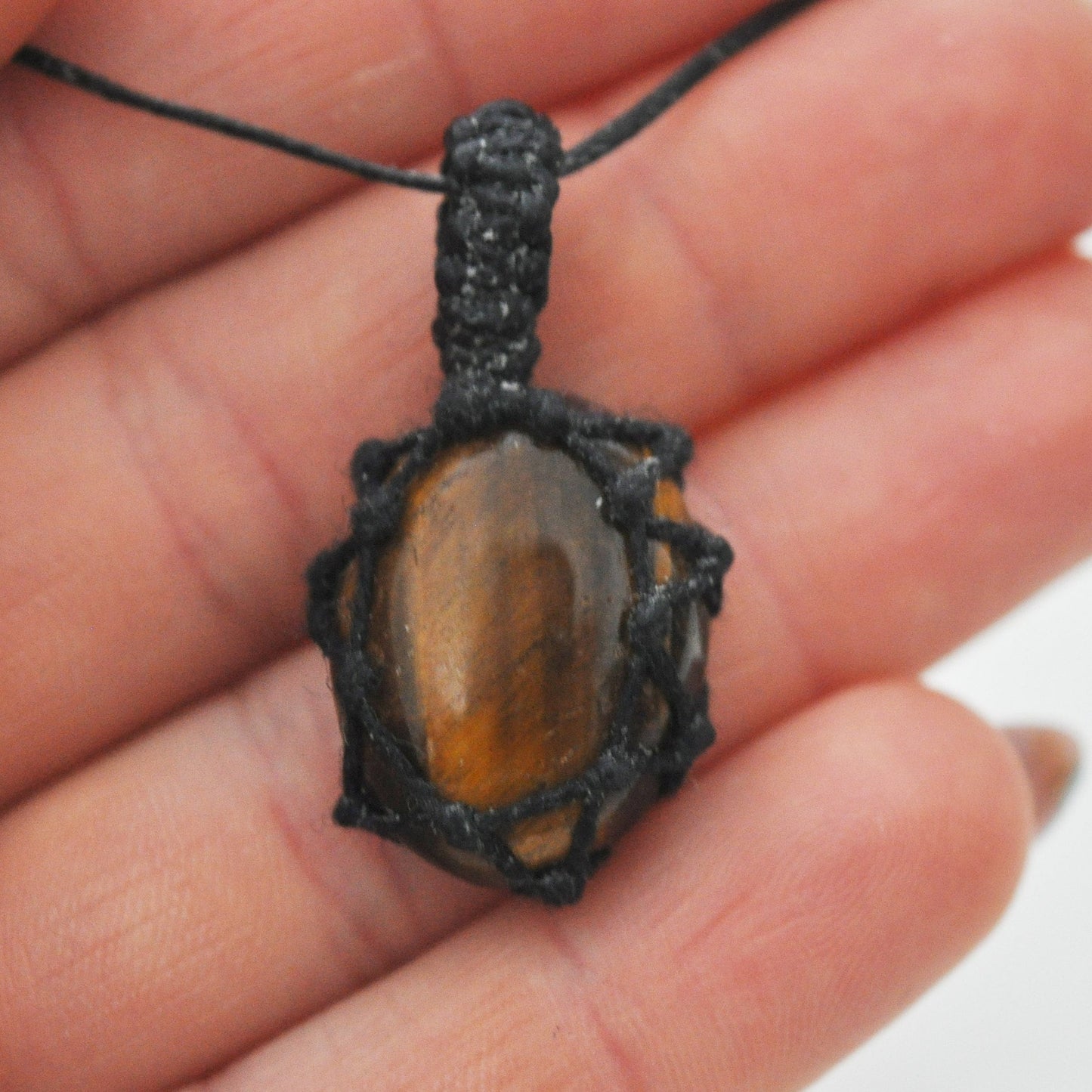 Tigers Eye Crystal Pendant Macrame Wrap Necklace / Knotted in Black Cotton on Adjustable Length Chord