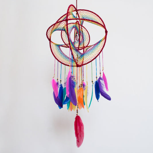 12" Large Rainbow 3D Dreamcatcher Mobile with Clear Quartz Point Centre